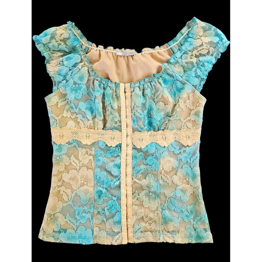Outlooks Y2K Lace Hook Front Corset Top S Blue Beige Floral Mesh Boho Fairy